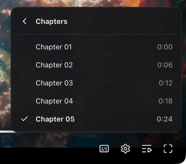 The Chapters menu listing five chapters with start times, Chapter 05 checked