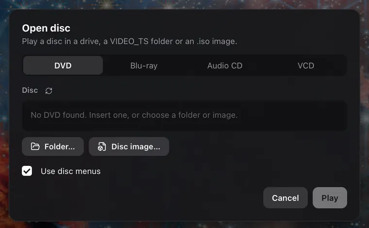 The Open disc dialog with DVD, Blu-ray, Audio CD and VCD tabs and a Use disc menus option
