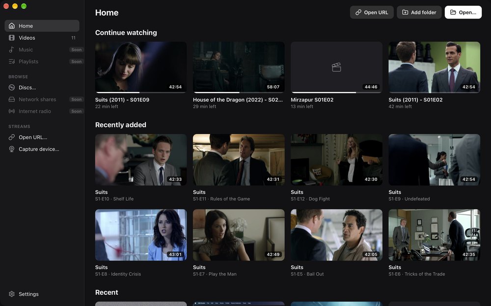 ReVLC home screen with a Continue watching row showing progress on each thumbnail, and Recently added episodes of Suits labelled by season, episode and title