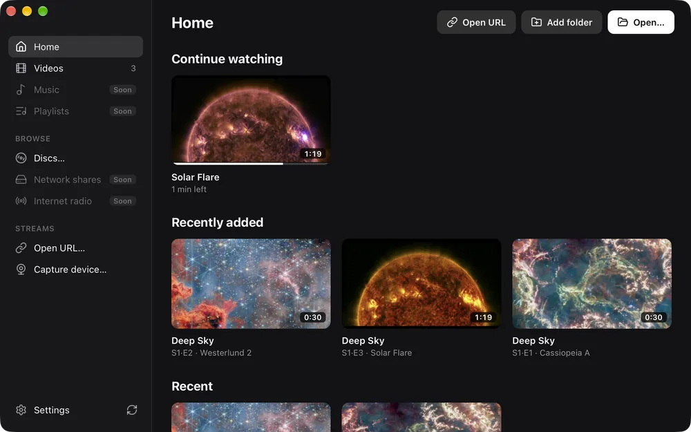ReVLC home screen with a Continue watching row showing progress on the thumbnail, and Recently added episodes of a demo show