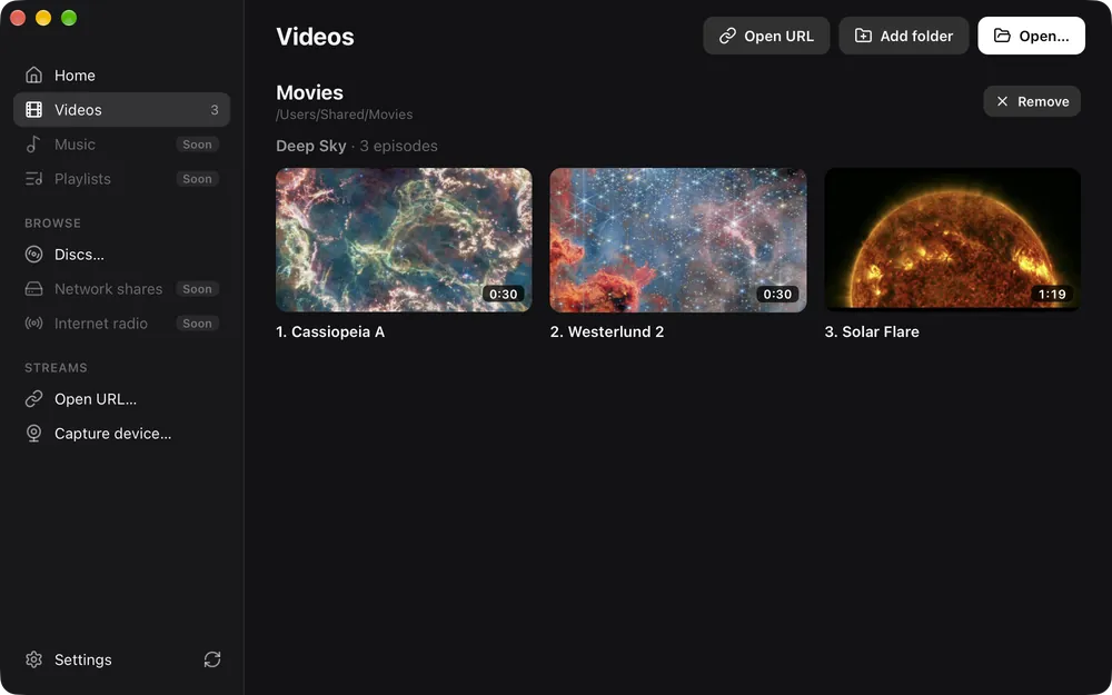 The Videos page listing a season of a demo show as titled episodes with thumbnails and durations