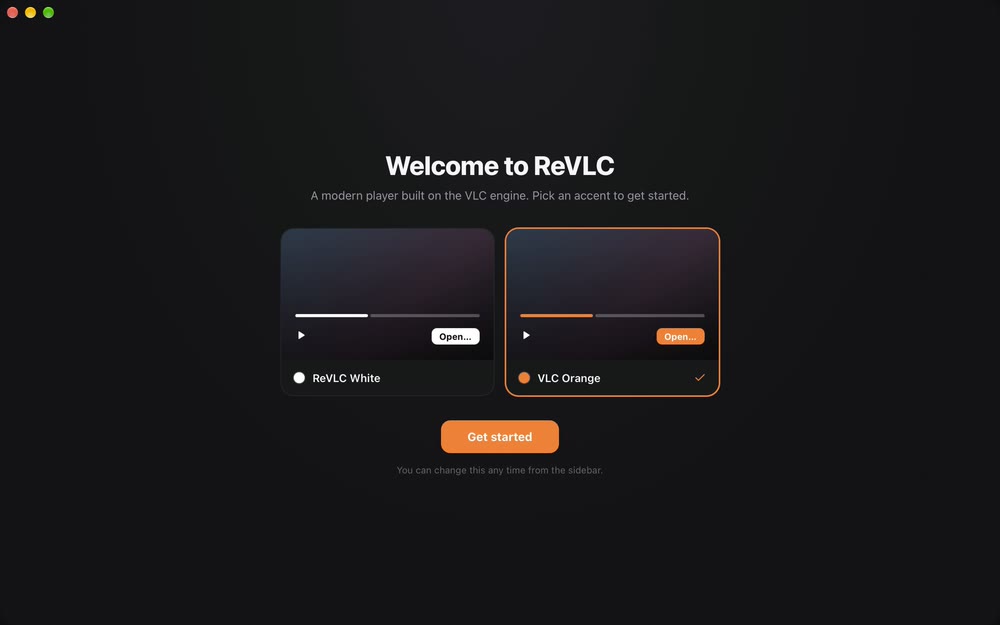 The Welcome to ReVLC screen offering two accents, ReVLC White and VLC Orange, with VLC Orange selected