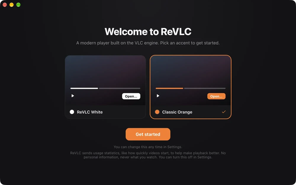 The Welcome to ReVLC screen offering two accents, ReVLC White and Classic Orange, with Classic Orange selected