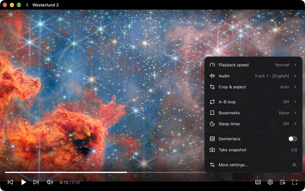 The player menu open over Westerlund 2, listing playback speed, audio, crop and aspect, A–B loop, bookmarks, sleep timer, deinterlace and snapshot