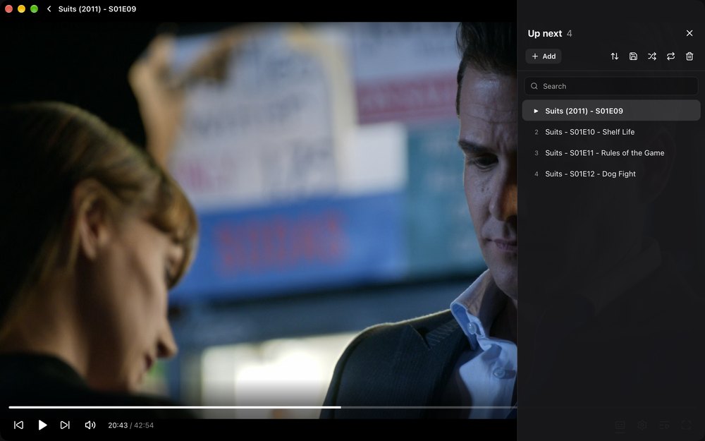 The Up Next panel open beside a paused episode, listing the next three episodes of Suits, with search, sort, save, shuffle, repeat and clear controls