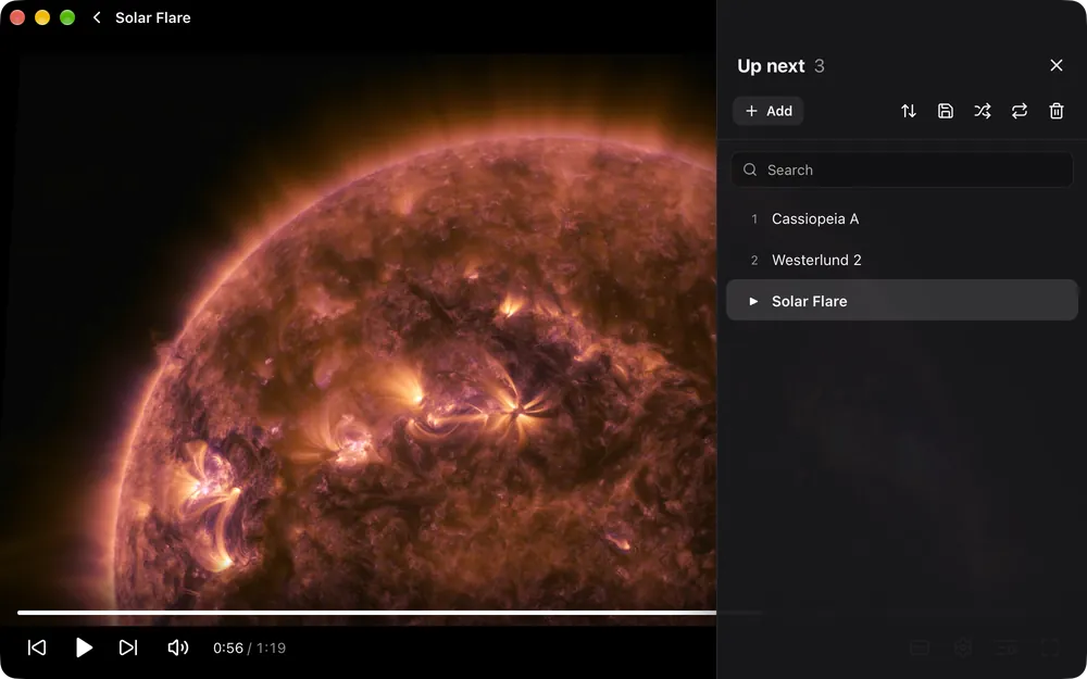 The Up next panel open beside a solar flare, listing three episodes, with search, sort, save, shuffle, repeat and clear controls
