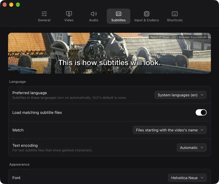 ReVLC's Settings window on the Subtitles tab, with a live subtitle preview and language options